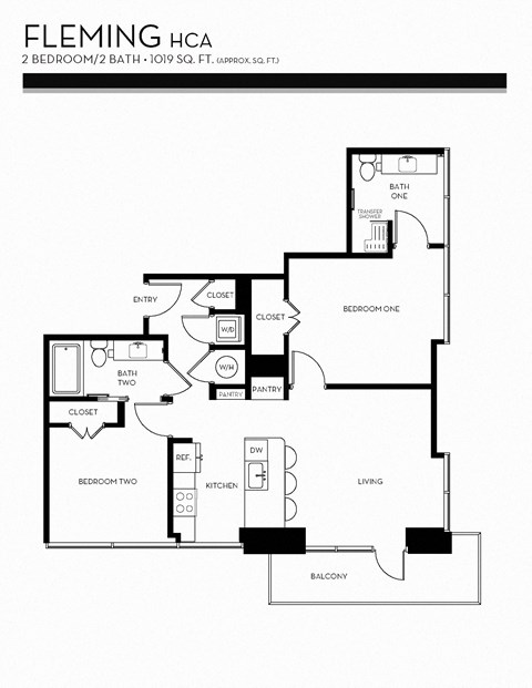 Floor plan for 2 beds, 2 baths, 1019 sqft
